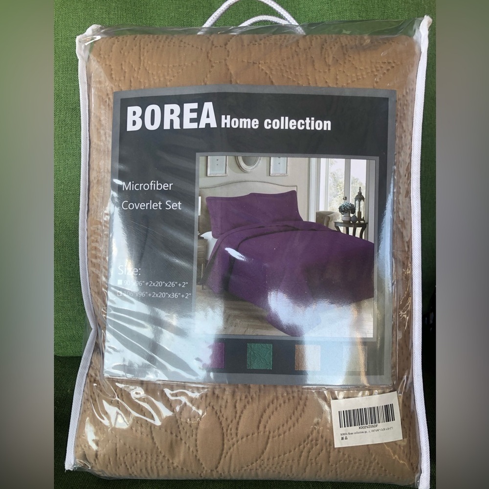 Borea King size quilted coverlet bedding set with shams. Tan .Unopened NWOT.